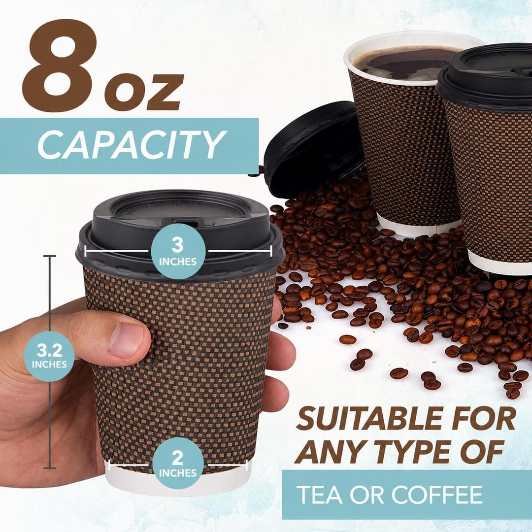 Promora 25 Pack 8 oz Brown Disposable Coffee Cups, Premium Insulated Paper Ripple Cups for Hot Coffee, Paper Coffee Cups