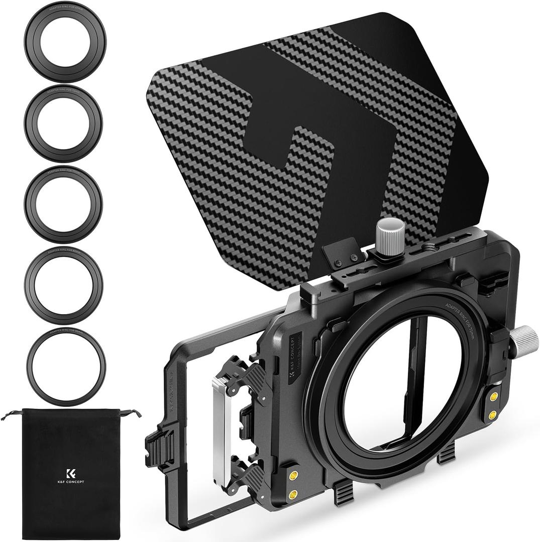 K&F Concept Matte Box, DSLR Camera Matte Box with Carbon Fiber Top Flag, with 67/72/77/82/95mm Adapter Rings for 4x5.65 ND UV Filter/Circular Filter