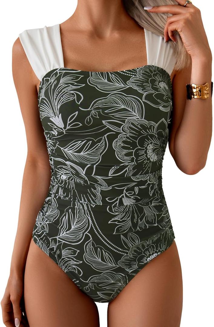 B2prity Womens One Piece Swimsuit Retro Square Neck Tummy Control Bathing Suits Ruched Modest Full Coverage Swimwear (XXL)