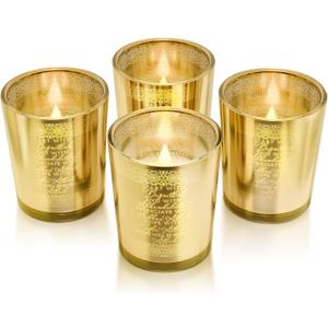 4 Pcs Islamic Votive Candle Holders Gold Glass Tealight Holders Bulk for Eid Al Adha Decorations Muslim Table Centerpiece Decor Wedding Birthday Party Ramadan Eid Mubarak