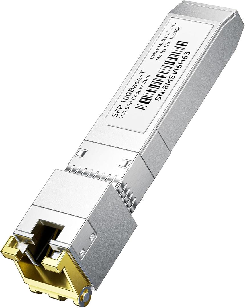 Cable Matters 10GBASET SFP+ to RJ45 Copper Ethernet Transceiver Module for Cisco, Ubiquiti, TPLink, Netgear, DLink, MikroTik, and Supermicro Equipment