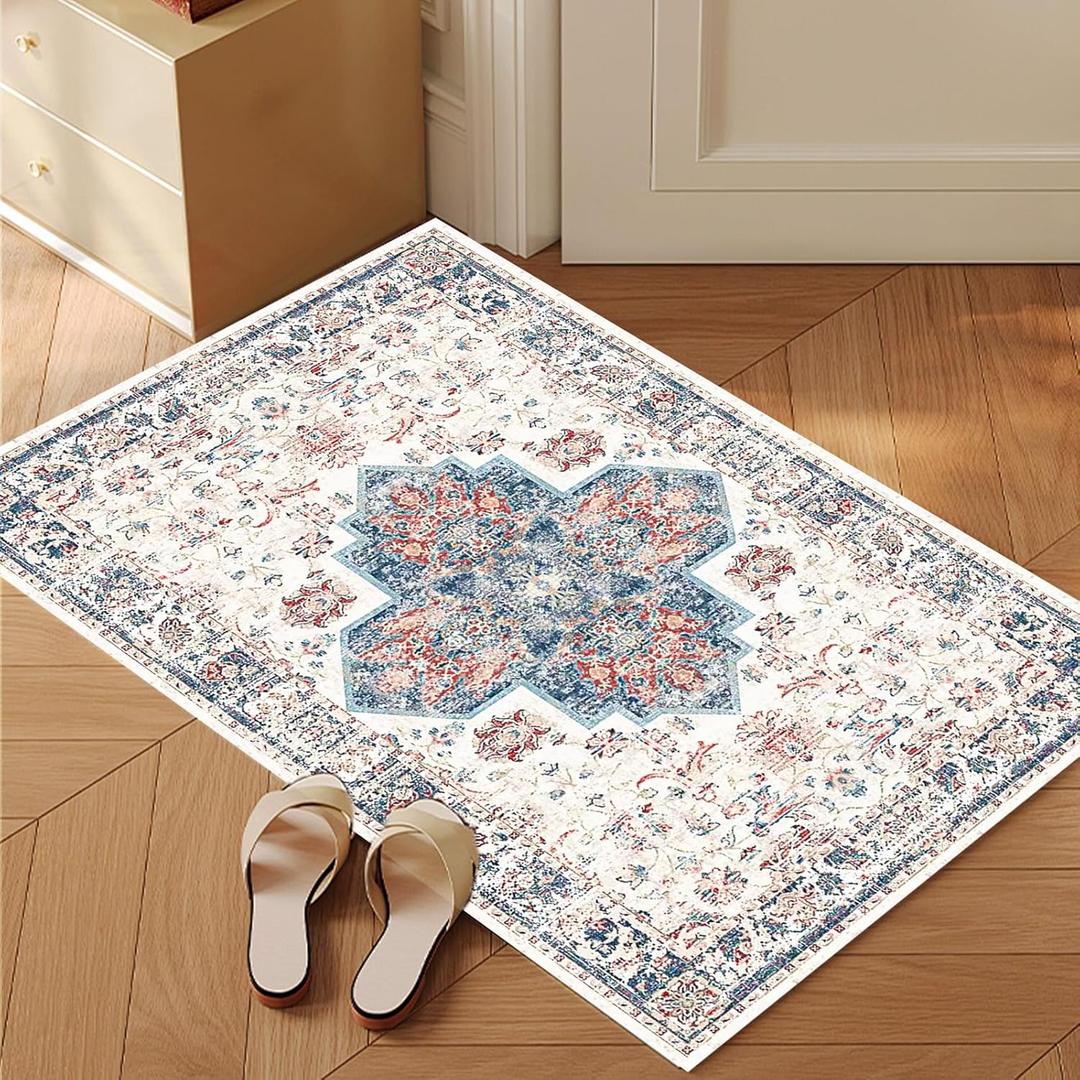 3x5 Washable Rug for Entryway，Boho Vintage Kitchen Rugs for Entrance, Small Non Slip Indoor Front Door Mat, Soft Low Pile Carpet for Bathroom,  Natural Fiber Collection Area Rug, Blue