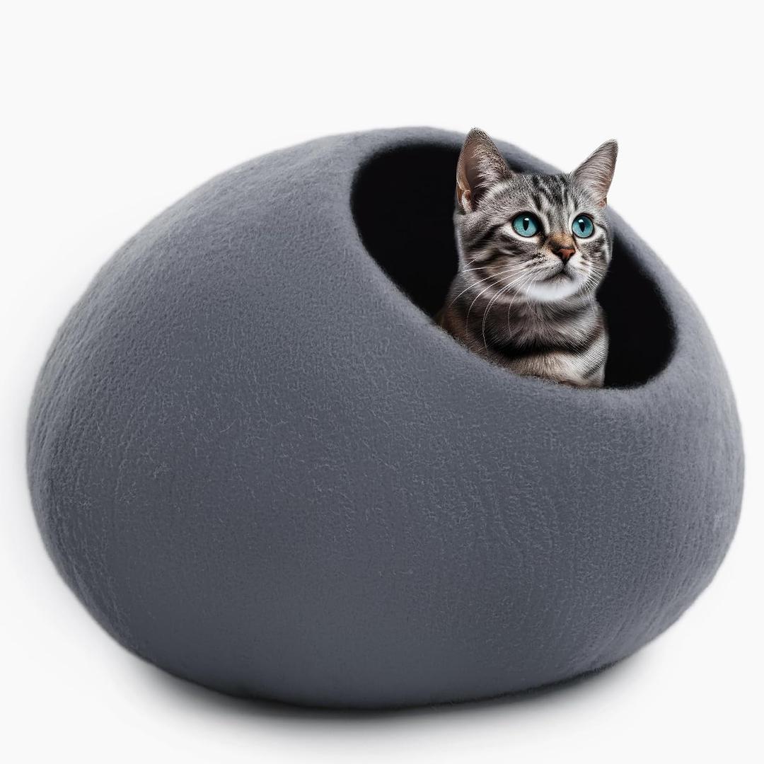 Luxurious Merino Wool Cat Cave - Foldable Hideaway Pod for Indoor Cats - Premium Felt Kitten Pet Enclosure - Covered Cat House for Ultimate Cozy Comfort by Woolygon (Grey Plain)
