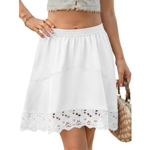 Yousify Womens Summer Mini Skirts Y2K Lace Trim Skirt Casual High Waisted Satin Silk Flowy Going Out Beach Short Skirt (White, M)
