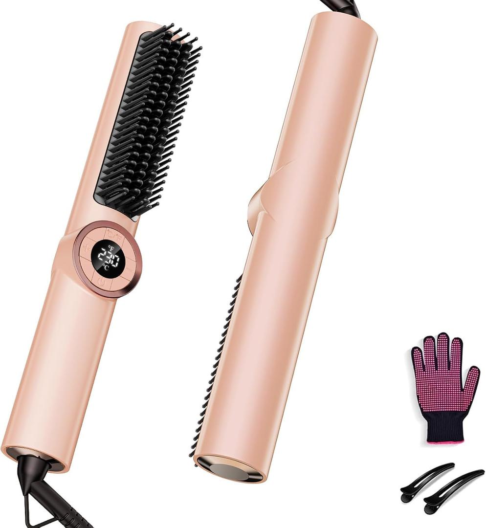 Hair Straightener Brush: Ionic Hair Straighteners for Women with 15 Temps, Straightening Brush Fast Heating with LED Display & Dual Voltage, Gold