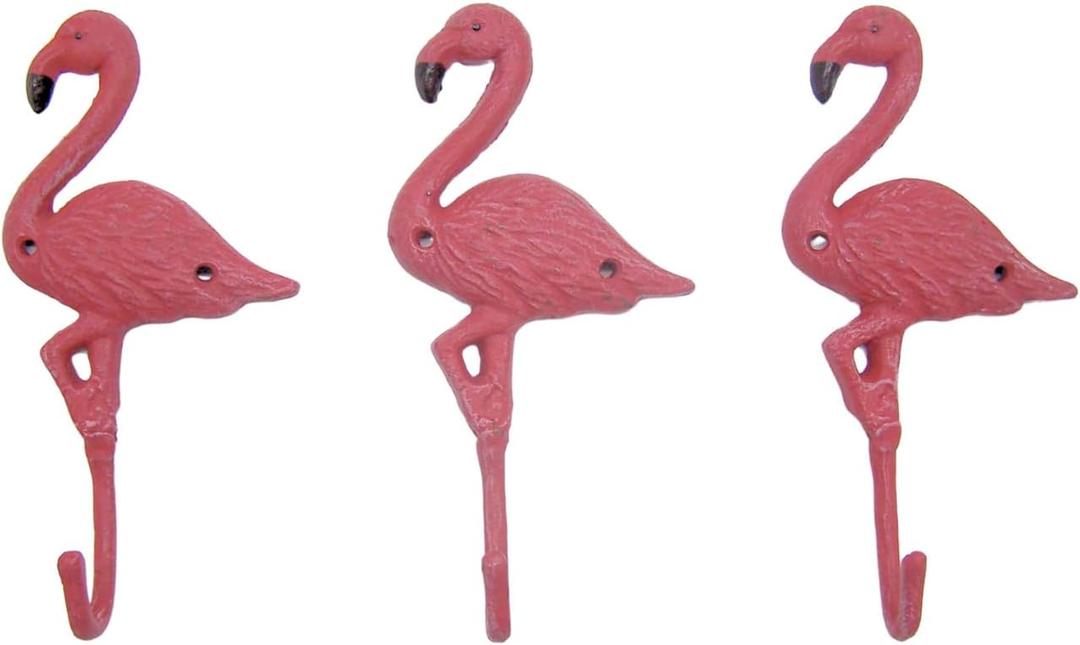 Wowser Tropical Cast Iron Pink Flamingo Wall Hook, Nautical Home Decor, Unique Beach Theme Wall Hooks, 8 Inches, Set of 3