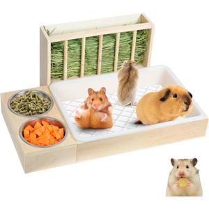 3 in 1 Bunny Litter Box with Hay Feeder and 2 Bowls - Wooden Rabbit Hay Feeder for Guinea Pig, Hamster, Small Animals,Each Component has pre-drilled Holes