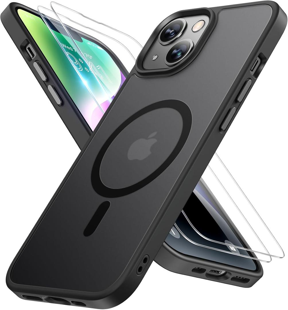 Miracase Magnetic for iPhone 14 Case 6.1 inch (Compatible with MagSafe)with 2X Screen Protectors Military-Grade Protection, Anti-Fingerprint Translucent Matte Phone Case Cover, Black