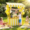 7 Pcs Lemonade Stand Supplies Lemonade Bar Party Decorations with 1 Set Plastic Stand 1 Yellow and White Striped Sunshade Cloth 4 Yellow Tinsel 1 Banner Sign for Outdoors Summer Party Supplies