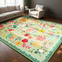 Rugs for Living Room, Floral 6x9 Non Slip Machine Washable Large Living Room Rug, 0.27 Low Pile & Non-Shedding Boho Large Area Rug for for Livingroom, Bedroom, Dining Room (Green)