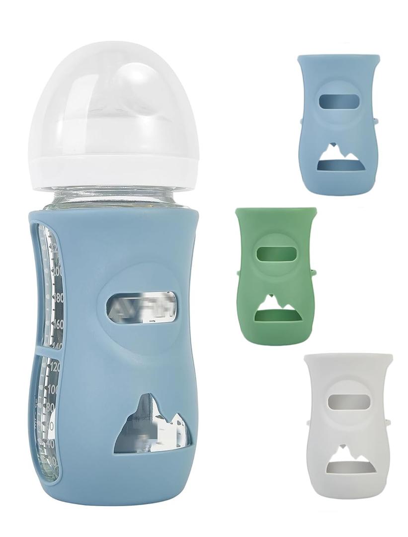 3 Pack Silicone Sleeves for Avent Natural Glass Baby Bottles, Protection and Insulation, Baby Bottle Sleeve Compatible with Avent Glass Bottles 8 oz, Dishwasher Safe (Blue+Green+Grey)