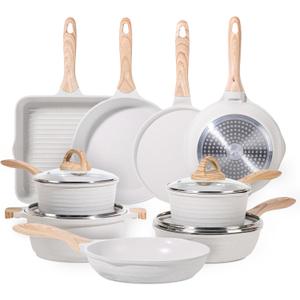 JEETEE 23pcs Pots and Pans Set Non Stick, White Cookware Sets for Kitchen, w/Frying Pans, Saucepans, Saut & Griddle & Crepe Pan, Induction Cooking Pots (PFOA/PFAS Free), 23 pcs White Aluminum