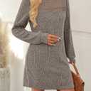 AUTOMET Womens Long Sleeve Dresses Casual Fall Sweater Dress Work Winter Fashion 2026 Crew Neck Lace Mini Dressy Sexy Clothes (Large, Coffee)