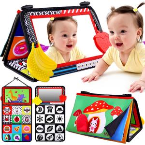 Baby Mirror Tummy Time Toys 0-3 3-6 Months Sensory Crinkle Baby Books Black and White High Contrast Baby Toys for Newborn Infant Montessori Car Seat Toys 0-6 Month Boy Girl Easter Basket Stuffers Gift