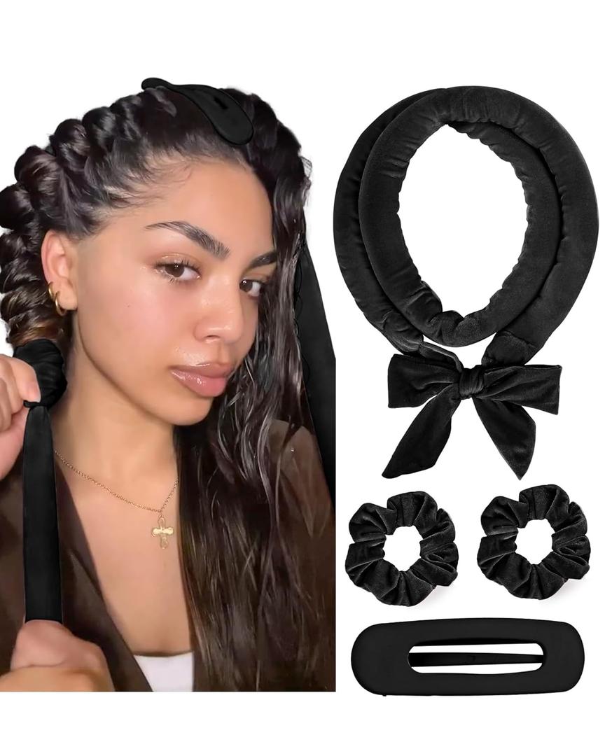 Yanibest Heatless Curls Overnight, Soft Heatless Hair Curler to Sleep in, No Heat Ribbon Wrap, Heatless Curling Set for Long Short Hair with Hair Scrunchies and Clip (Black)