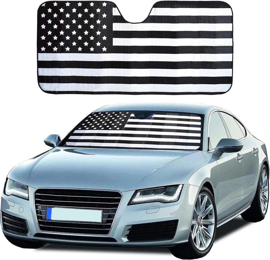 EcoNour Accordion Car Windshield Sun Shade American Flag Design | Reflective Car Window Shades for UV Protection & Heat Block | Foldable Sun Shield for Front Window | 58 x 27.5 Inches (Large, Black & White)