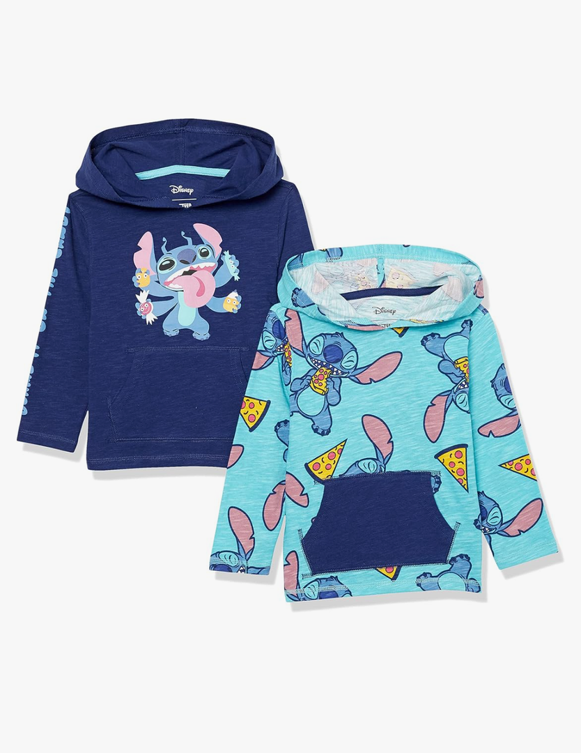 Essentials Disney | Marvel | Star Wars Boys' Lightweight Hooded LongSleeve TShirts, Pack of 2, Stitch Treats, Small