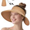 Sun Visor Hat for Women, Wide Brim Straw Visors Beach Hat Roll Up Foldable Beach Visors Summer UV Protection (One Size, Khaki)