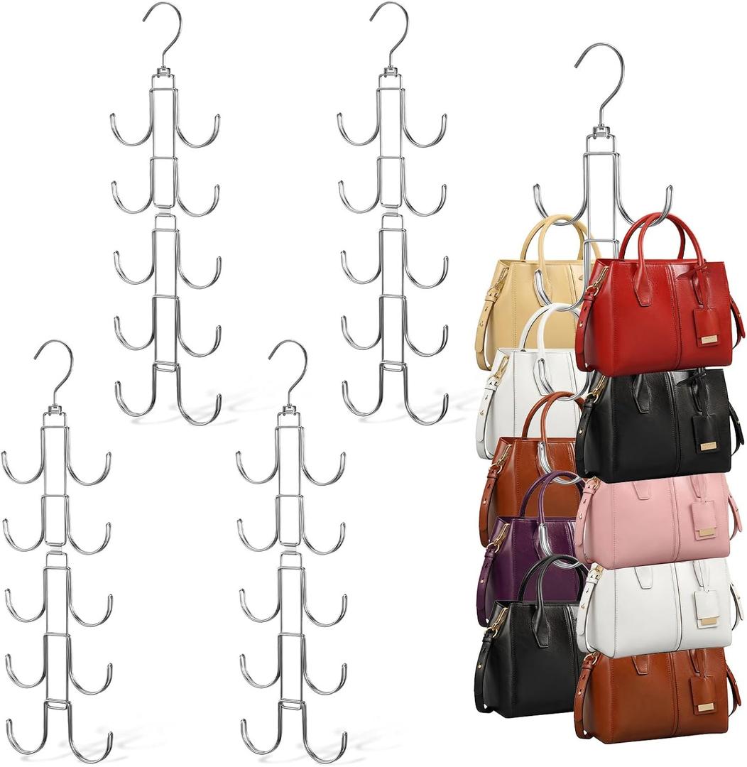 4 Pack Purse Organizer for Closet, Purse Hanger with 10 Big Hooks, 360 Degree Rotation Bag Holder for Organizer Display, Foldable Space Saving Hangers Rack for Handbag, Belt, Scarve, Tie