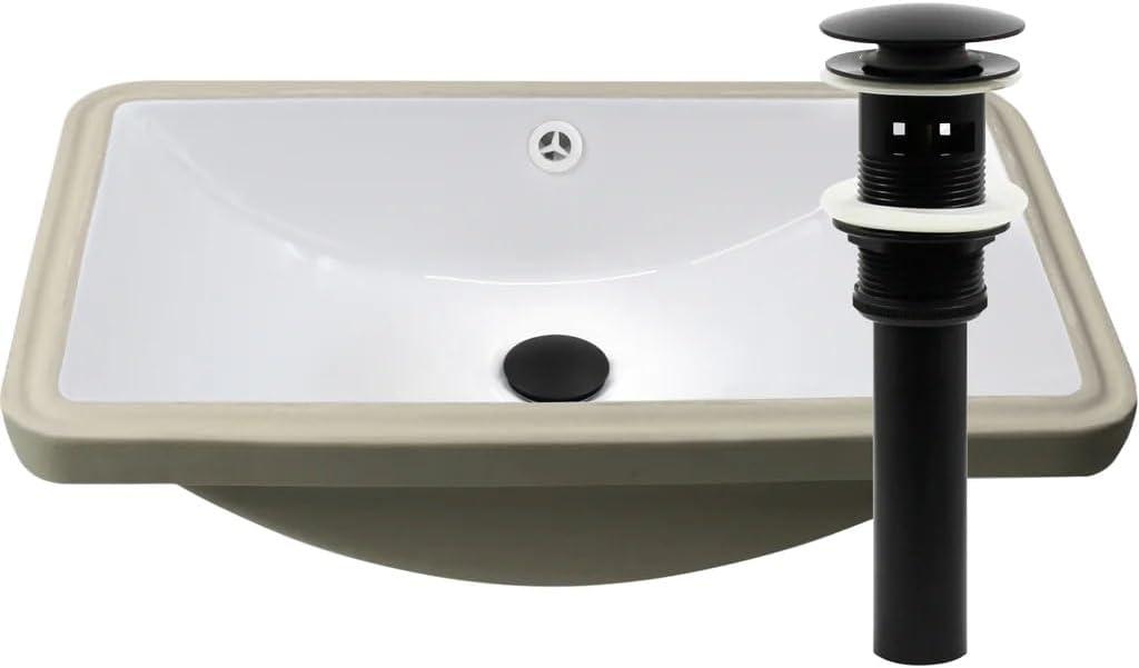 Rectangular White Undermount Sink with Matte Black Drain