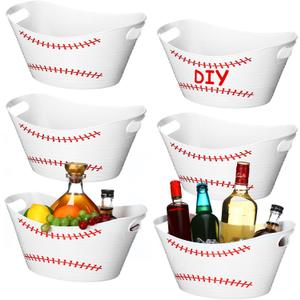 Teenyyou 6 Pcs White Baseball Plastic Ice Bucket Drink Cooler Bulk 4.5l Oval Storage Basket Tub with Handles for Summer Sport Birthday Party Decoration Supplies