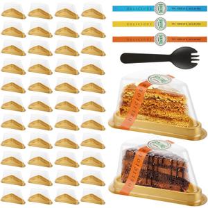 100 Pack Cake Slice Container, Disposable Cheesecake Containers with Lid, Sticker and Fork, Individual Pie Slice Containers for Snack Dessert Mousse - Gold