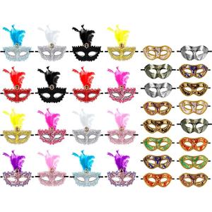 Sratte Mardi Gras Couple Masquerade Mask with Feather Flower Unisex Half Face Venetian Mask for Carnival Parade Valentine, 32 Pcs