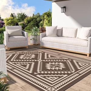 GENIMO Outdoor Rug for Patio Clearance - 8x10 ft Waterproof Plastic Camping Rugs, Reversible Outside Rv Mat Carpet for Porch, Deck, Picnic, Balcony, Beach, Backyard, Coffee Beige