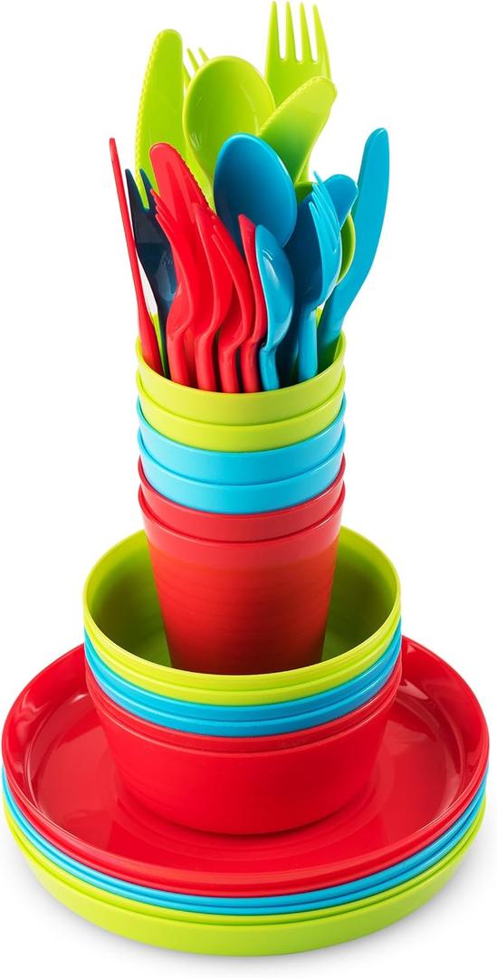 Kids Plastic Dinnerware Set - 36 Pc Reusable Children's Dinner Set Microwave / Dishwasher Safe BPA Free Toddler Dishes Dinnerware Set Includes Kids Plates and Bowls Kids Cups & Flatware