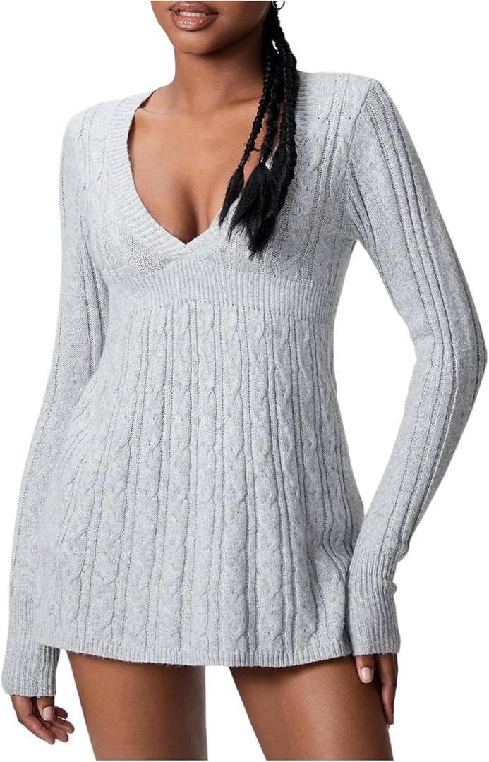 Women's Deep V Neck Sweater Long Sleeve Cable Knit Casual Pullover Tops Fall Clothes, L