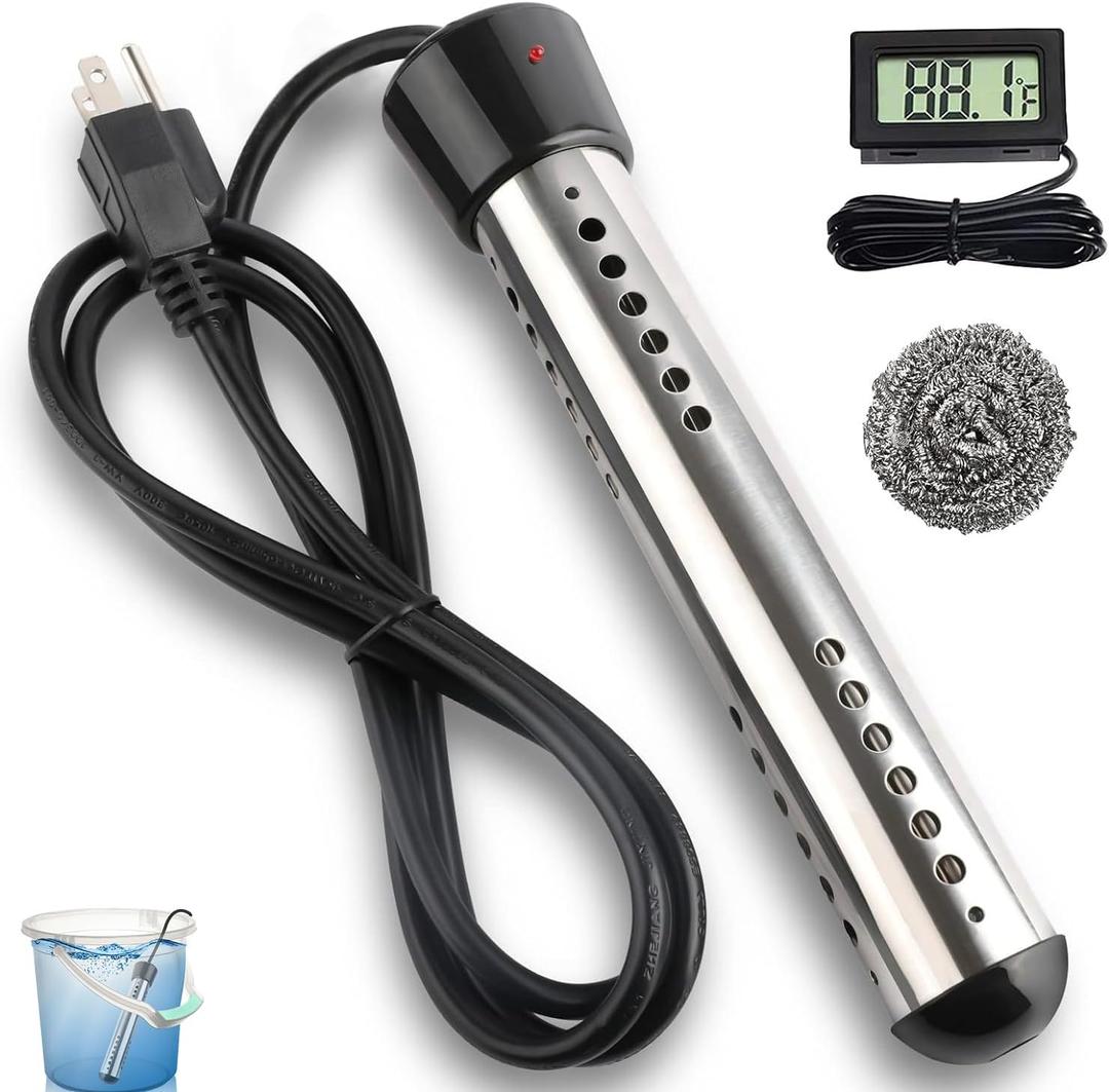 2000W Immersion Heater, Portable Electric Water Heater Fast Heating for Buckets Bathtubs, Submersible Water Heater with LCD Thermometer 304 SS Guard, 5 Gallons of Water in Minutes