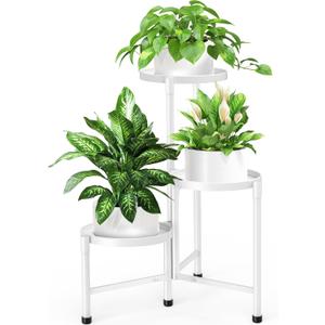 3 Tier Plant Stand Indoor, Metal Plant Shelf Outdoor, Foldable Corner Tall Plant Rack for Multiple Plants, Flower Pot Holder Display Stand for Living Room Patio Home Decor for Gardening White