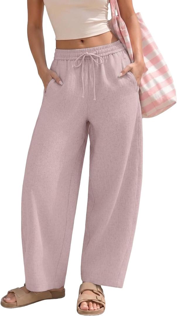 Susclude Womens Linen Blend Wide Leg Barrel Pants Baggy Loose Sweatpants Casual Elastic Waist Trousers Summer Vacation (Pink, L)
