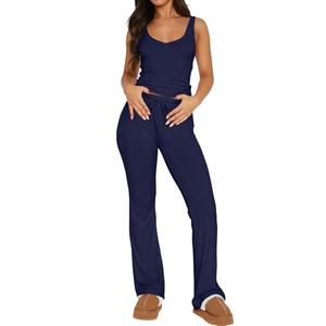 Ezbelle Summer Lounge Set Two Piece Women's V Neck Matching Pajama Outfits Jogger Crop Tank Shirt Knit Sexy Pjs Activewear Sets Long Pants Navyblue, Size S