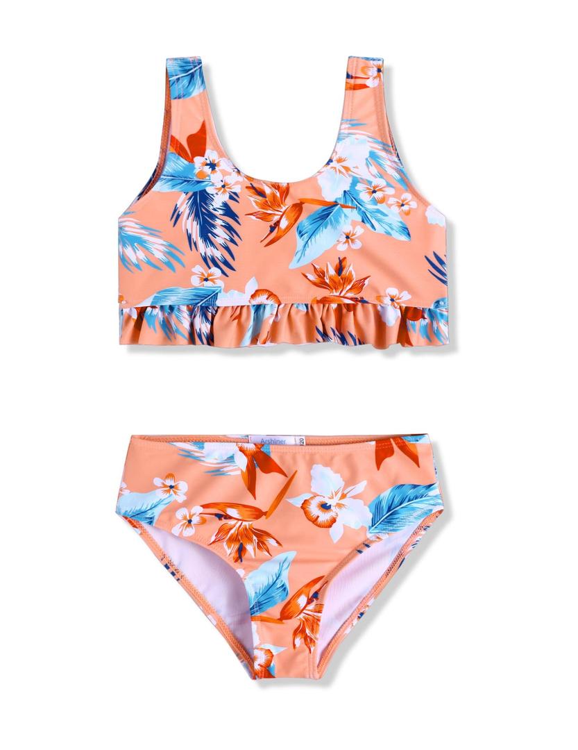 Arshiner Girls Two Piece Swimsuits Teen Bathing Suit Kids High Waisted Bikini Padded Tankini Summer Beach Swimwear Set (Size 10-12, Tropical Floral Print)