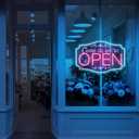 LED Neon Open Sign for Business, Adjustable Brightness Neon Lights for Party Bar Salon Stores Hotel Wall Decor Come in we're Open (Pink and Ice Blue, 16.5x11'')