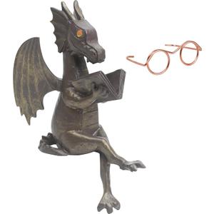 Dragon Reading Book Statue Figurine Sculpture, Dragon Mini Cute Small Creative Ornament for Garden Bookshelf Adult Shelf Home Desktop Outdoor Landscaping Housewarming Decorations, with Gift Eyeglass