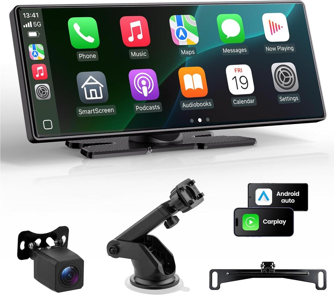 Carplay Screen for Car, 10.26'' Upgrade Wireless CarPlay & Android Auto Car Play Screen with 60PFS,1080P Backup Camera (with a Camera Bracket), GPS Navigation, Voice Control for All Vehicles