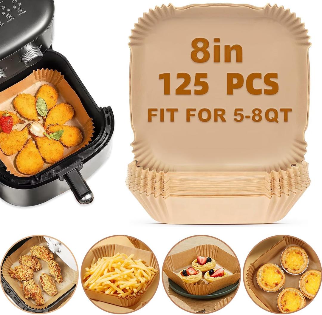 125 Pcs Air Fryer Liners, 8 Inch Square Non-Stick Parchment Paper, Disposable, Oil-Proof, Waterproof, Unbleached, Perfect for Baking, Roasting, and Frying (8IN-Square)