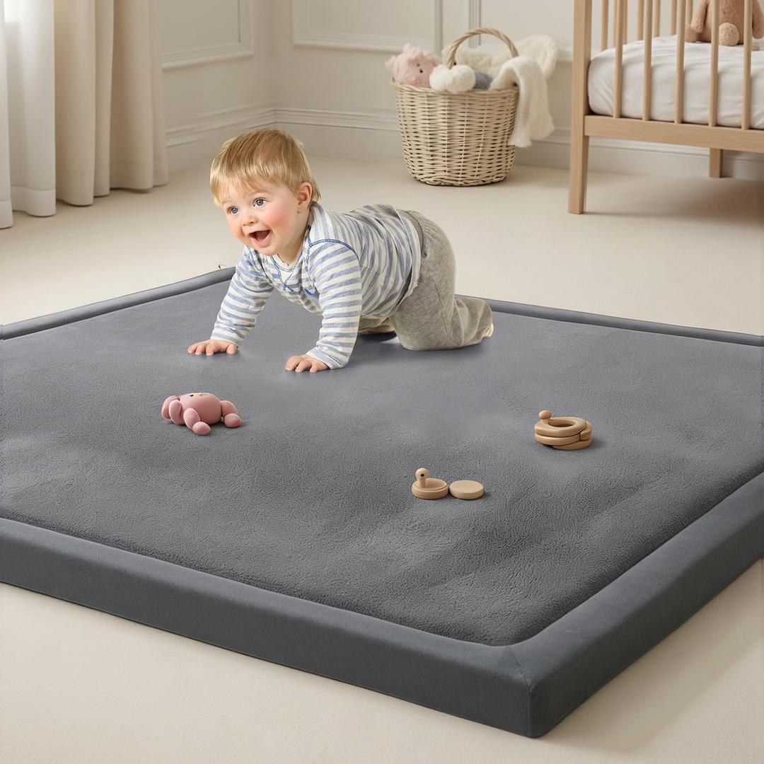 Goyuu Ultra Soft 1.3" Thick Baby Play Mat for Floor, 79x79 Playpen Mat Elasti-Foam Padded Crawling Mat for Babies, Toddlers, Infant, Kids, Non-Slip Backing Safe for Tummy Time, Grey
