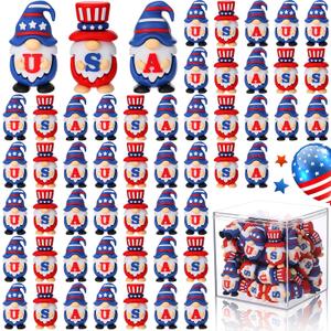 50 Pcs 4th of July Mini Gnomes Set with Acrylic Display Box, 1.4 Inch Tiny Patriotic Gnome Figures, Red White Blue USA Flag Mini Ornaments for Independence Day Party Favors & Table Decor