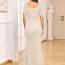 AISWI Maternity Sparkly Mesh Dress Short Sleeve Square Neck Pregnancy Dresses for Semi Formal Baby Shower Photoshoot (Beige, M)