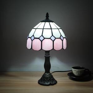 Tiffany Style Table Lamp - 8" Pink Stained Glass Handmade Decor for Home, Office, Bedroom & Living Room - 8 x 8 x 14.9 Inches