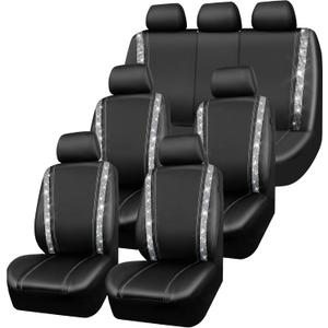 CAR PASS Bling Car Seat Covers, Shining Rhinestones Diamond Waterproof Faux Leather, 7 Seats 3 Rows with Zipper Glitter Crystal Sparkle Strips Universal Fit 95% MPV,SUV,CAR for Women Girl, Silver (Full Set)