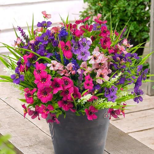 Mutcolor 12 Bundles Artificial Flowers Outdoor Silk Fake Plants UV Resistant Faux Plastic Greenery Shrubs for Home Outside Garden Front Porch Window Box Pot Planters Decor (Mix Color)