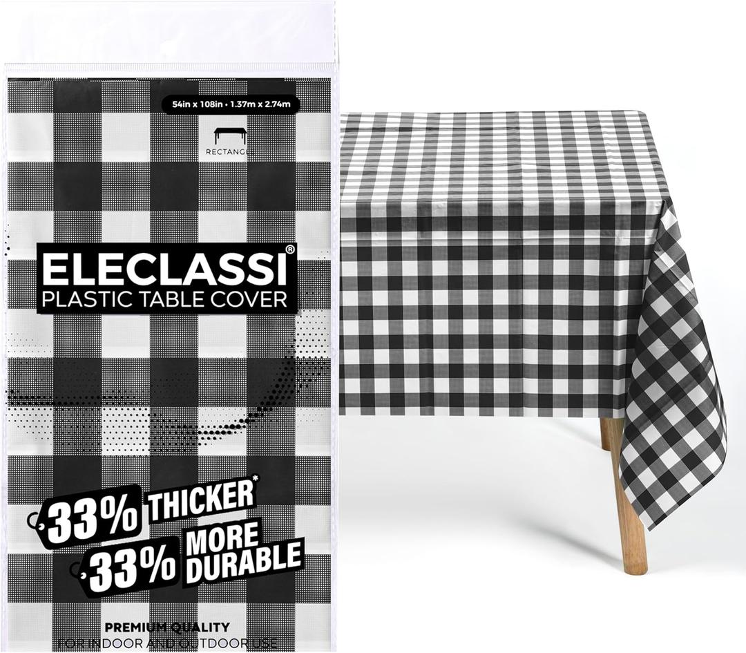 Eleclassi Black Gingham Checkered 12 Pack Premium Disposable Plastic Tablecloth 54 x 108 in - Party Plastic Table Cloth Disposable Tablecloth for Rectangle Tables Up to 8 Ft - Plastic Table Cover