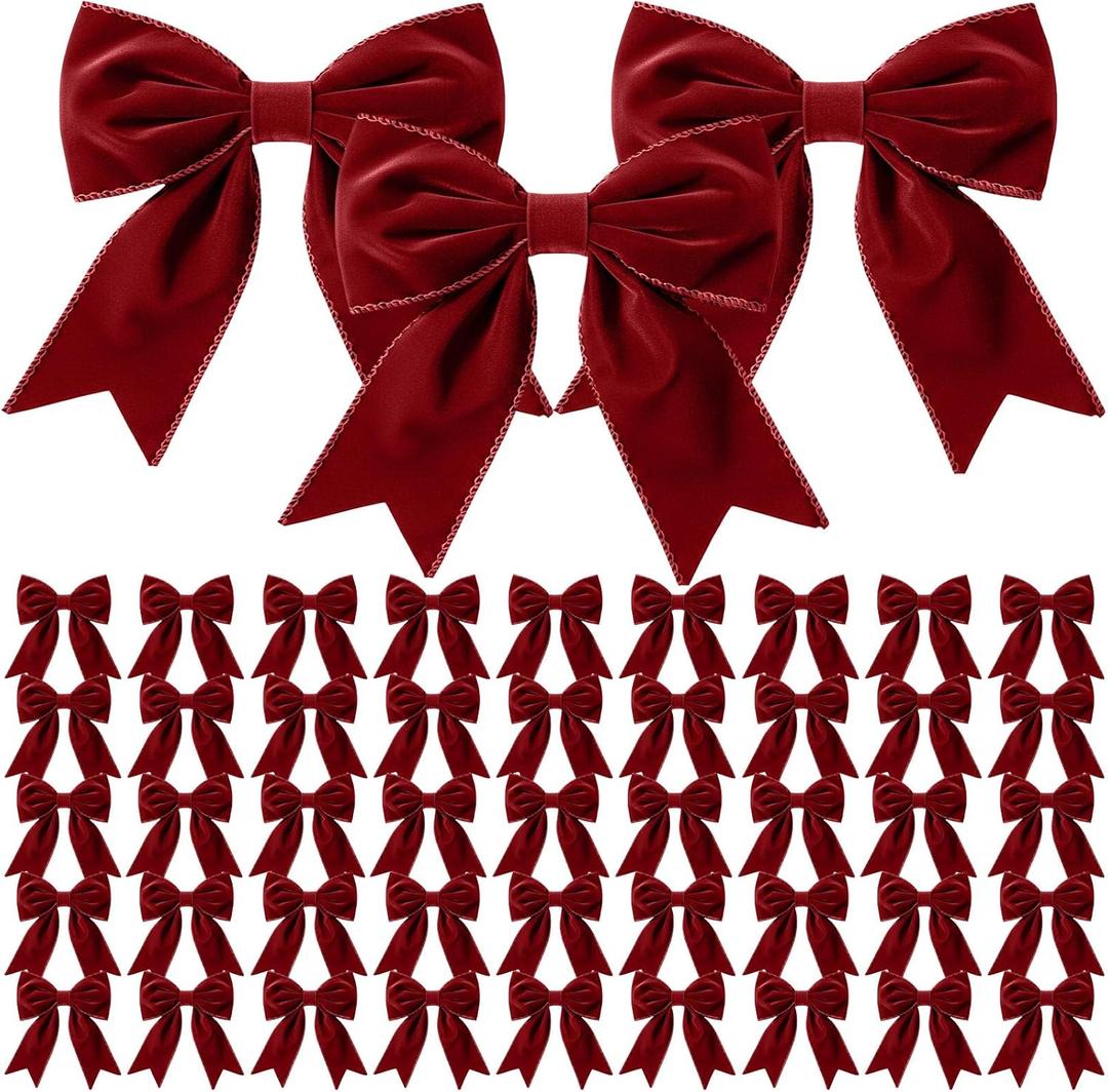 Yinkin 50 Pcs Christmas Velvet Bows Bulk for Xmas Tree 5.5'' Rustic Crafts Velvet Ribbon Bows Vintage Farmhouse Xmas Wreath Ornaments for Gift Wrapping Home Front Door(Wine Red, 50 Pcs)