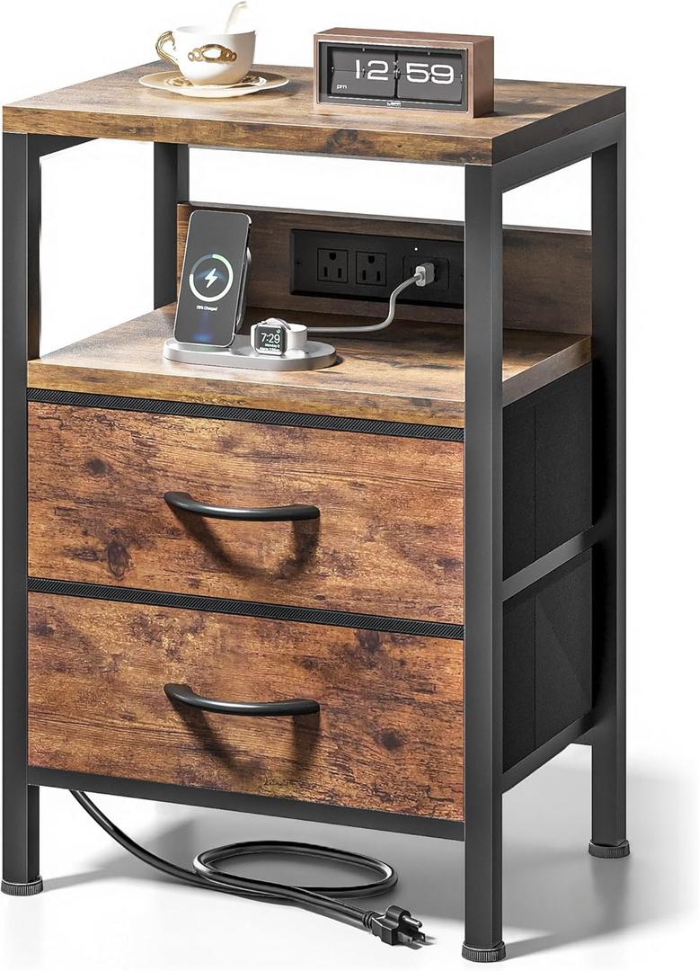 NightStand Bedside Charging Table Bedroom - Brown Night Stand with Charger Station, Modern Bed Side End Table with Open Shelf & 2 Fabric Drawers, USB-C Port for Dorm, Living Room