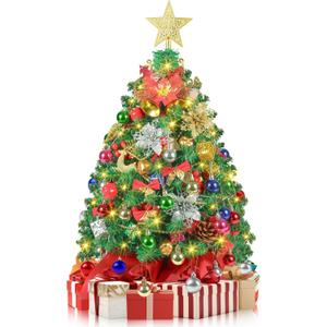 2FT Mini Christmas Tree, Small Tabletop Christmas Trees with 60 LED Lights, 24 Inches Prelit Christmas Tree with 100 Lifelike Branches and 80 DIY Ornaments, Xmas Table Decor for Home Indoor (Pine Green)
