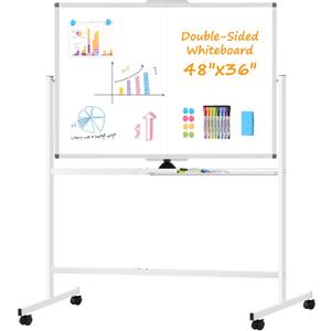 WALGLASS Rolling Dry Erase Whiteboard, 48"x36" Double-Sided White Board on Wheels, Large Portable White Board with Stand, Mobile Standing Whiteboards for Office, Home, School, Classroom 4x3 ft